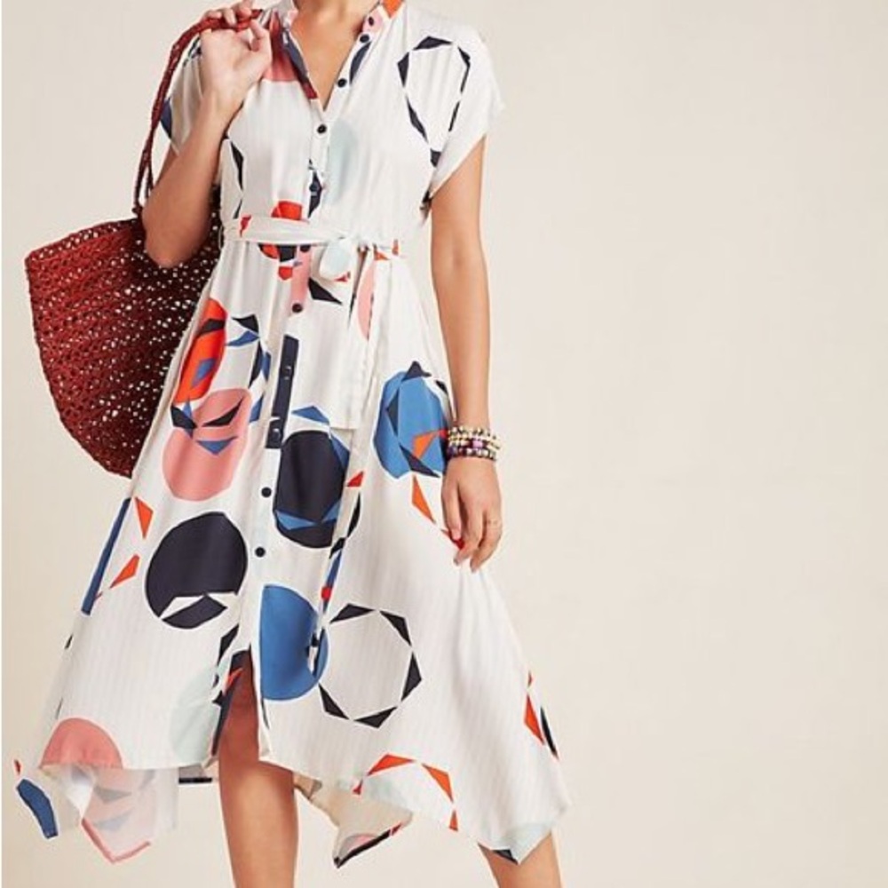 Corey Lynn Calter White High-Low Dress with Blue, Navy & Coral Geometric Print